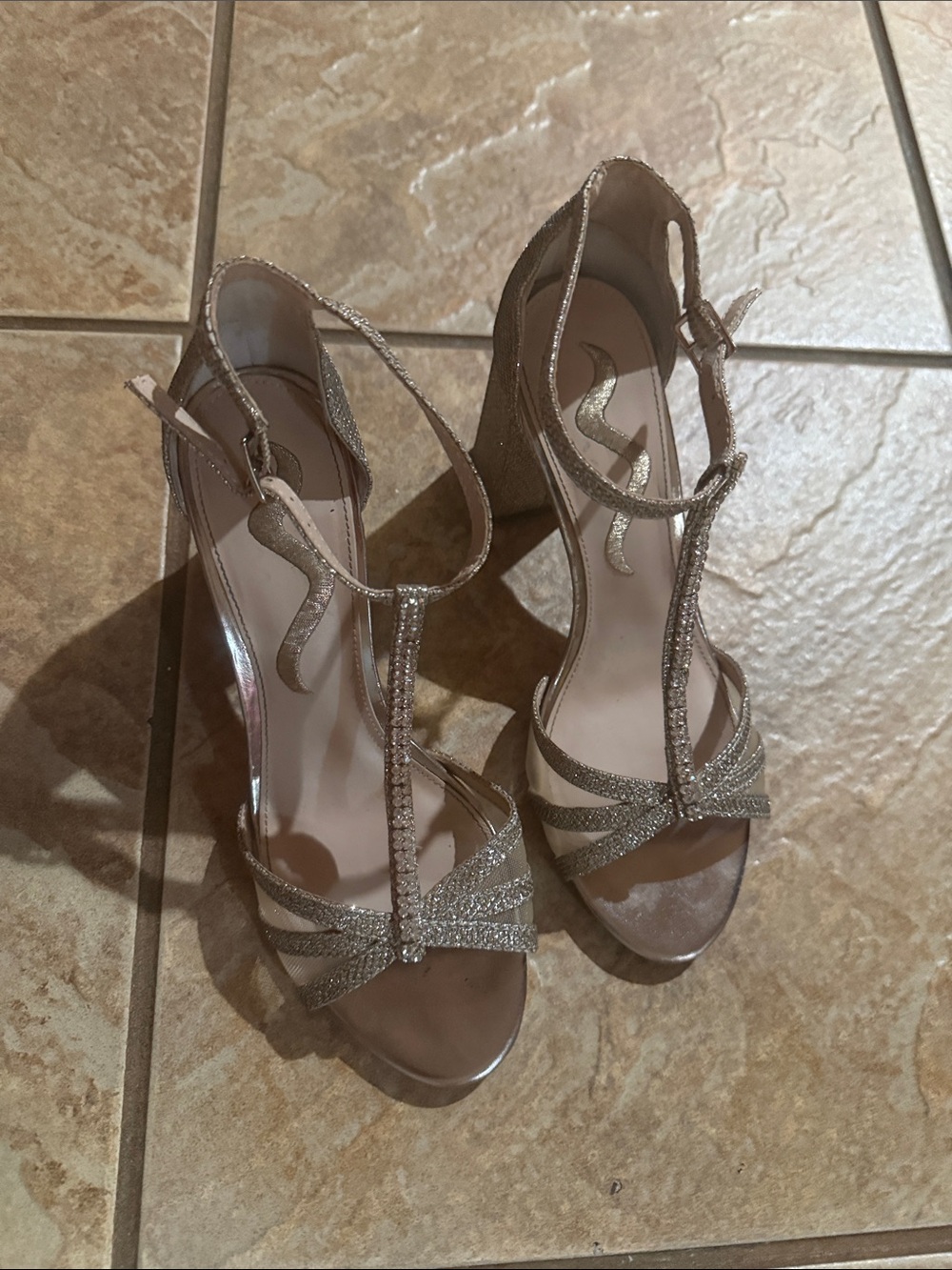 Nina Rose Gold Glitter T‑Strap High Heel Sandals